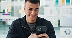 Break, social media or man with phone in office, watch funny video or typing joke message to relax. Happy, digital communication or app developer rest at workplace, laugh or mobile to browse internet