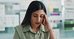 Headache, fatigue and woman in office with work stress, problem and report error in data analytics agency. Tired, analyst and female person in workplace with migraine, company crisis and mistake.
