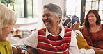 Friends, laugh and old women on couch, home and bonding on break, conversation and reunion in lounge. Senior people, happy and discussion in living room, chill and together on weekend in apartment