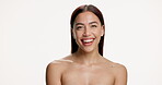Happy, beauty and skincare with face of woman in studio for space, collagen and self care. Mockup, dermatology and glow with female person on white background for shine, clear skin and smile