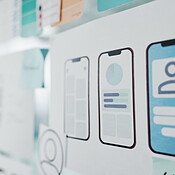 App development, ui design and technology abstract for phone, push ...