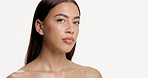 Hair care, skincare and girl with beauty in studio with collagen treatment, face glow and wellness. Mockup space, clean and woman with confidence on white background for salon results and cosmetics