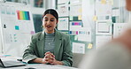 Business, woman and meeting with laptop in office for design planning, UI and UX development. People, discussion and brainstorming with pc for software update, online marketing ideas and feedback