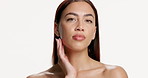 Face, skincare and glow with woman in studio for cosmetology, wellness and manicure. Portrait, dermatology and model touch skin with natural cosmetics, beauty and aesthetic on white background space