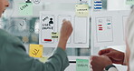 Business, people and notes on glass in office with ux design, ui layout and interface planning. Staff, explain and meeting with wireframe for user experience, review template and ideas for software