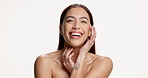 Woman, face and happy for beauty in studio with touch, results and mockup space on white background. Person, model and excited with smile for cosmetics, transformation and skincare in Costa Rica