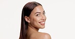 Woman, face or touch in studio for skincare, smooth or happy for skin hydration on shoulder. Person, dermatology or smile on white background for natural beauty, organic care or glow at mockup space
