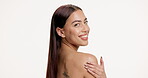 Face, skincare and woman in studio with smile, healthy and radiant in mockup. Happy, confident person or model for dermotology with white background, cosmetic and natural glow for self care.