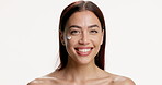 Happy, woman and moisturizer for face, skincare or facial treatment for glow, mockup space or studio. White background, self care and person with cream for hydration, beauty and dermatology benefits