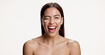 Skincare, face cream and woman in studio with beauty, natural or facial lotion for hydration. Wink, wellness and portrait of female person with spf for dermatology routine by white background.