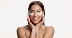 Face of woman, eye patches or smile in studio for skincare, self care or hydration for wellness. Facial treatment, happy person or dermatology for dark circles, skin glow or space on white background