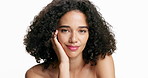 Face, skincare and woman in studio for shine, cosmetics and natural aesthetic with texture. Portrait, touch and happy model with beauty, cosmetology and hairstyle with glow on white background