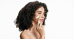 Self care, woman and skincare with jade roller, studio and product to reduce puffiness or cosmetics. White background, person and blood circulation with tool for healthy skin, mockup space and glow