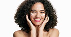 Face, woman, and lotion for skincare in studio for hydration, healthy skin and collagen benefits. Portrait, happy and person with cosmetics, facial moisturizer and cream treatment on white background