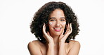 Face, woman and cream for skincare in studio for hydration, healthy skin and collagen benefits. Portrait, happy and person with cosmetics, facial moisturizer and lotion treatment on white background