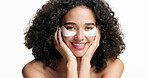 Skincare, face and woman with eye patches in studio for dark circles, hydration treatment or glow. Dermatology, girl and happy with cosmetic pads for anti aging and beauty routine on white background