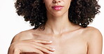 Studio, hands and wellness with body care, glow and smooth skin with dermatology benefits or healthy. White background, person and skincare with cosmetics for shine, hydration and beauty treatment