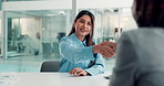 Business women, laptop and handshake in meeting for finance promotion, onboarding or welcome. Interview, HR manager and candidate with shaking hands at accounting firm for recruitment and job offer
