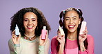 Skincare, products and face of girl friends in studio with natural, beauty or cosmetics. Happy, bonding and portrait of women with dermatology routine for hydration or glow by purple background.