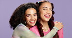 Face, people and hug with makeup in studio background for beauty, solidarity and cosmetics for glamour. Portrait, friends and embrace with support, facial makeover and aesthetic for transformation 
