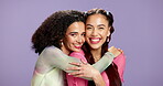 Face, women and hug with makeup in studio background for beauty, solidarity and cosmetics for glamour. Portrait, people and embrace with friends for support, facial makeover and aesthetic for change