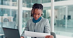 Business, documents and black woman in office, laptop and checklist for profit growth, investment and reading. African person, investor and economy analysis with paperwork and report for increase