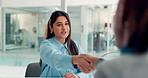 Business women, interview and handshake in office for hiring success, welcome and company growth. Agreement, HR manager and candidate with shaking hands at agency for onboarding, job offer and deal