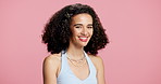 Beauty, face and happy woman in studio for hair care, cosmetology and growth. Portrait, smile and model with cosmetics for hairstyle, hairdresser and curly texture with space on pink background