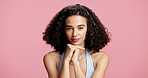 Hair care, face and confident woman in studio with aesthetic, beauty or growth. Portrait, lipstick and happy model with cosmetics for hairstyle, makeup and curly texture on pink background space