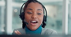 Black woman, agent or virtual assistance with headset for online advice in call center office. Female person, consultant or talking with mic for customer service, desktop support or help in workplace