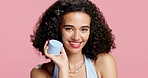 Skincare, face cream and woman in studio with natural, beauty or facial glow routine. Happy, cosmetics and portrait of female person with moisturizer for dermatology glow routine by pink background.