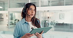 Headset, tablet and business woman in office for virtual help, customer support and online advisor. Startup agency, communication and person on digital tech for consulting, conversation and contact
