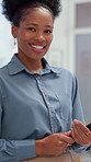 Black woman, face and happy at office with tablet, pride and confidence for career at finance company. African person, broker or advisor with tech, smile and portrait for wealth management in Kenya