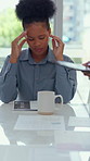 Headache, business and woman in meeting, pain and financial agency with deadline for audit. Person, employees and investor in office, burnout and migraine with fatigue, frustrated and stress