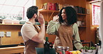 Cooking class, high five and couple with chef in kitchen for success, learning and achievement. People, culinary lesson and people with celebration in workshop for well done on meal in restaurant.