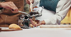 Pasta, machine and hands of couple in kitchen at restaurant for bonding, learning or cooking lesson. Technique, equipment and man with woman for noodles with italian meal prep together in diner.