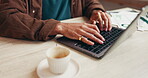 Hands, business and woman with laptop at coffee shop for research, data entry and financial report. Person, typing and pc with graph documents, finance analysis and review budget for cafe performance