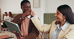 Teamwork, fist bump and business people in cafe, tablet and meeting with brainstorming. Employees, man and woman in restaurant, tech or report for sales growth, discussion or cooperation with support