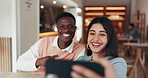 Happy, team and people in cafe, selfie or bonding on break, laughing and profile picture for website. Creative, colleagues and photography for memory on social media, collaboration and smile for post