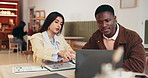 Cafe, meeting and business people with laptop for planning, financial document or review chart. Computer, coffee shop and team discussion for investment, risk management or data projections on paper