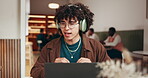 Laptop, business man and video call in cafe for source interview, article info or remote work. Freelancer, journalist or headphones with webinar in restaurant for news discussion or fact verification