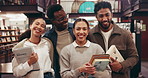 Happy people, students and face with books in library for study group, knowledge or education. Portrait, friends or academic learners with smile in bookstore for learning, wisdom or information