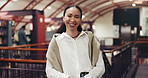 Face, student and woman in library, smile and education with knowledge, learning and college. Happiness, academic and person with confidence, university and growth with books, studying or scholarship