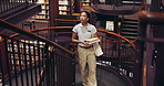 Woman, student and stairs with books in library for learning, study resources and assignment research. Female person, walk and steps with textbook, education material and knowledge for college exam