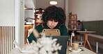 Business, man or writing in restaurant with laptop, research or review for company website. Online, manager or people in cafe with tech, digital strategy or investigation for customer insights.