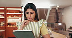 Thinking, waitress and tablet with woman in cafe for delivery schedule, vision and menu supply checklist. Online order, reflection and restaurant reservation with person in coffee shop for inventory