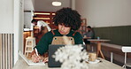 Man, business and writing in restaurant with laptop, research and review for company website. Online, manager and people working in cafe with technology, evaluation and investigation for customer insights and digital strategy.