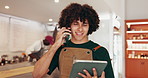 Phone call, smile and tablet with man in cafe for delivery schedule, contact and menu supply checklist. Online order, hospitality and restaurant reservation with person in coffee shop for shipment