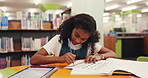 Child, student and writing for education in library with workbook, studying and learning. Girl, elementary school and book for creative assessment, assignment solution and information for knowledge