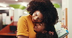 Happy, teacher or student hug in library, encourage reading or caring support for education development. Smile, woman or girl embrace at school, positive learning environment and language skill boost